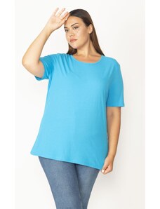 Şans Women's Plus Size Turquoise Cotton Fabric Crewneck Short Sleeve Blouse