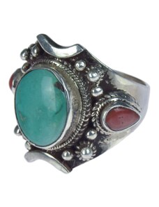 Stříbrný prsten vykládaný tyrkysem a korálem, AG 925/1000, 10g, Nepál 60 , Stříbrná , Nepál , Ag925, 10g