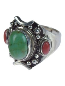 Stříbrný prsten vykládaný tyrkysem a korálem, AG 925/1000, 12g, Nepál 65 , Stříbrná , Nepál , Ag925, 12g