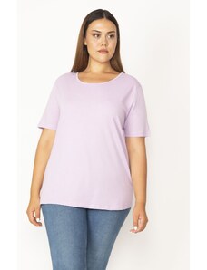 Şans Women's Plus Size Lilac Cotton Fabric Crewneck Short Sleeve Blouse