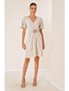 By Saygı Double Breasted Collar Floral Pattern Viscose Linen Dress With Slits and Belted Waist Beige.
