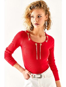 Olalook Women's Red Lycra Cotton Blouse with Eyelet Chain Detail