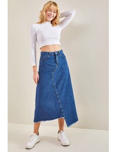 Bianco Lucci Women's Asymmetrical Tasseled Denim Skirt