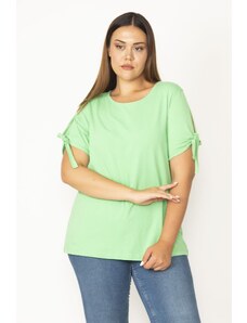 Şans Women's Plus Size Green Crew Neck Viscose Blouse with Sleeves and Slits,