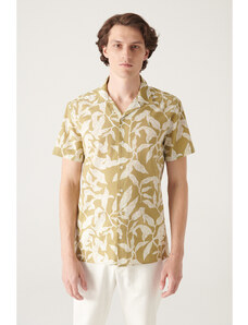 Avva Men's Oil Green Printed Short Sleeve Cotton Shirt