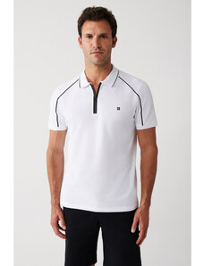 Avva Men's White 100% Cotton Shoulder Piping Zippered Standard Fit Regular Cut Polo Neck T-shirt