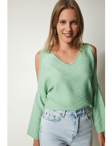 Happiness İstanbul Women's Aquatic Green Off-the-shoulder, Decollete, Flowy Wrap Blouse