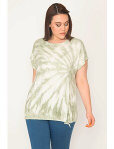Şans Women's Plus Size Green Tie Dye Patterned Blouse With Stones In The Front And Lace Up At The Hem