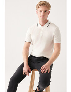 Avva Men's White Polo Neck Textured Ribbed Standard Fit Regular Cut Knitwear T-shirt