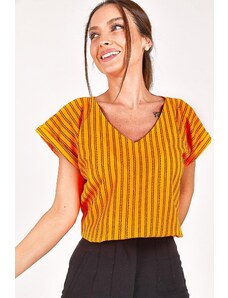 armonika Women's Neon Orange V-Neck Short Sleeve Blouse
