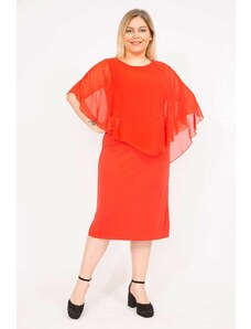 Şans Women's Red Plus Size Chiffon Dress with Cape