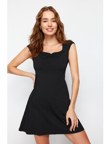 Trendyol Black Gathered Detail A-Line/A-Line Formal Short Sleeve Elastic Knitted Mini Dress