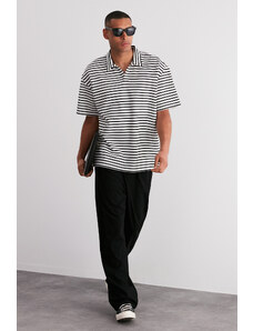 Trendyol Ecru Oversize/Wide Cut Limited Edition Striped Textured Polo Collar T-shirt
