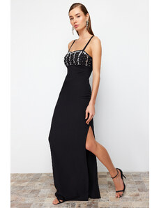 Trendyol Black Stone Accessory Long Evening Dress