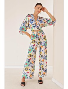 By Saygı Elastic Waist Pocket Palazzo Trousers Front Back V Neck Crop Floral Double Suit