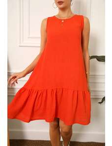 armonika Women's Orange Linen Look Textured Sleeveless Dress with Frill Skirt