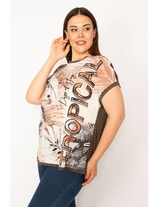 Şans Women's Plus Size Brown Low-Sleeve Patterned Blouse