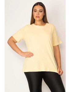Şans Women's Plus Size Yellow Cotton Fabric Collar Lace Blouse