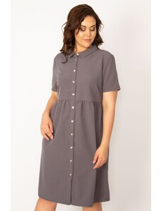 Şans Women's Plus Size Gray Front Length Buttoned Waist Gathered Collar Dress