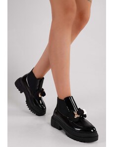 Shoeberry Women's Mottox Black Patent Leather Boots Loafer Black Patent Leather