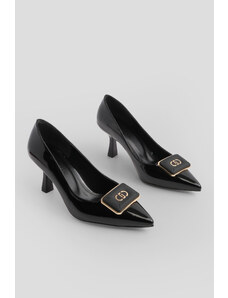 Marjin Women's Pointed Toe Buckle Thin Heel Classic Heel Shoes Elsem Black Patent Leather