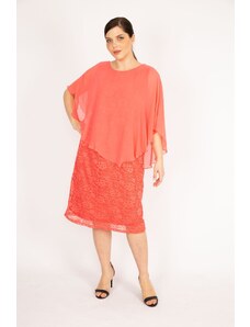Şans Women's Pomegranate Plus Size Chiffon Cape Lined Lace Dress