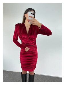 Laluvia Wine Red Padded Shoulder V-Neck Gathered Sides Adjustable Length Elegant Velvet Dress