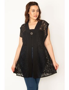 Şans Women's Plus Size Black Stone Brooch Lace Cardigan with Buttons