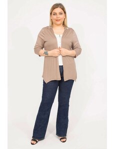 Şans Women's Mink Plus Size Cardigan with Lace Detailed and Capri Sleeves at the Back