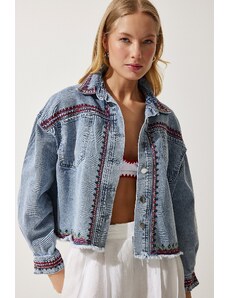 Happiness İstanbul Women's Light Blue Embroidered Denim Jacket