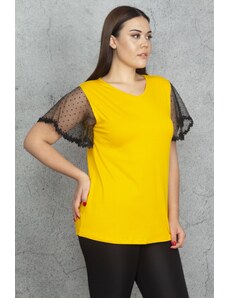 Şans Women's Plus Size Yellow Lace Detailed Blouse