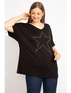 Şans Women's Black Plus Size Stone Detailed Low-Sleeve Blouse