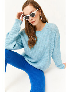 Olalook Dámský dětský modrý kulatý výstřih s měkkou texturou pletený svetr