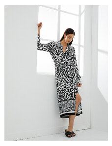 Koton Ethnic Patterned Midi Shirt Dress Belted Button Long Sleeve