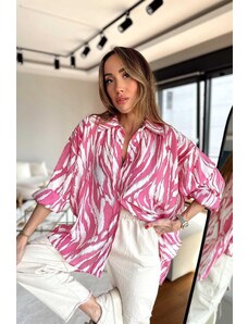 Laluvia Pink Viscose Fabric Patterned Oversized Women's Shirt.