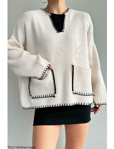 Laluvia Cream-Black Piping and Pocket Detailed Sweater