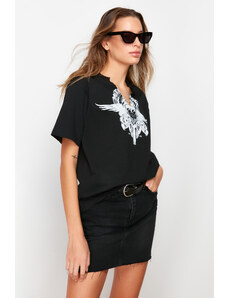 Trendyol Black 100% Cotton Printed Chain Detailed Oversize/Casual-Fit V-Neck Knitted T-Shirt