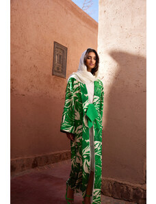 Trendyol Green Tropical Pattern Long Woven Kimono & Kaftan