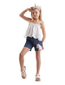 Denokids Colorful Tasseled Unicorn Girl Blouse Denim Shorts Set