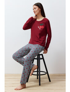 Trendyol Claret Red 100% Cotton Fruit Printed Plaid Knitted Pajamas Set