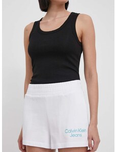 Bavlněné šortky Calvin Klein Jeans bílá barva, s potiskem, high waist