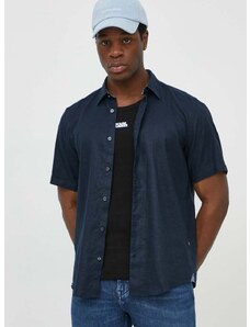 Lněná košile BOSS tmavomodrá barva, regular, s klasickým límcem, 50515156