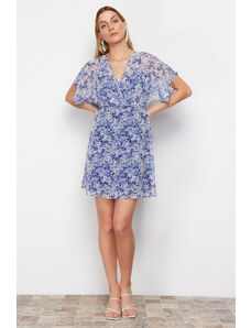 Trendyol Blue Floral Print A-line Double Breasted Collar Lined Chiffon Woven Mini Dress