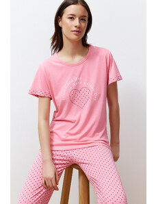 Trendyol Pink Slogan Printed Polka Dot Knitted Pajamas Set