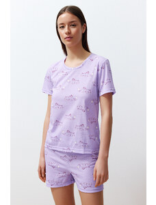 Trendyol Lilac Cotton Animal Pattern Knitted Pajama Set