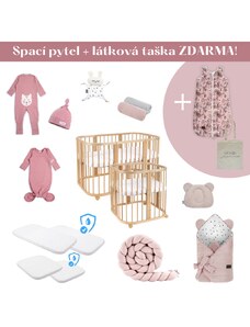 Sleepee Luxusní novorozenecká sada s rostoucí postýlkou 7v1 + taška a spací pytel ZDARMA růžová