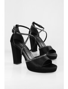 Shoeberry Women's Jayne Black Satin Stone Platform Heel Shoes