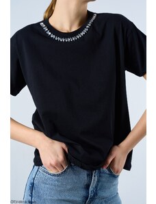 Laluvia Black 100% Cotton Collar Stone Detailed T-shirt