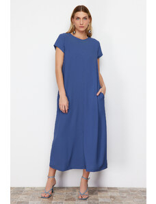 Trendyol Blue Straight Cut Crew Neck Pocket Detailed Aerobin Woven Midi Dress