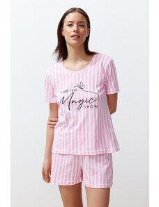 Trendyol Pink Cotton Slogan Printed Striped Knitted Pajamas Set